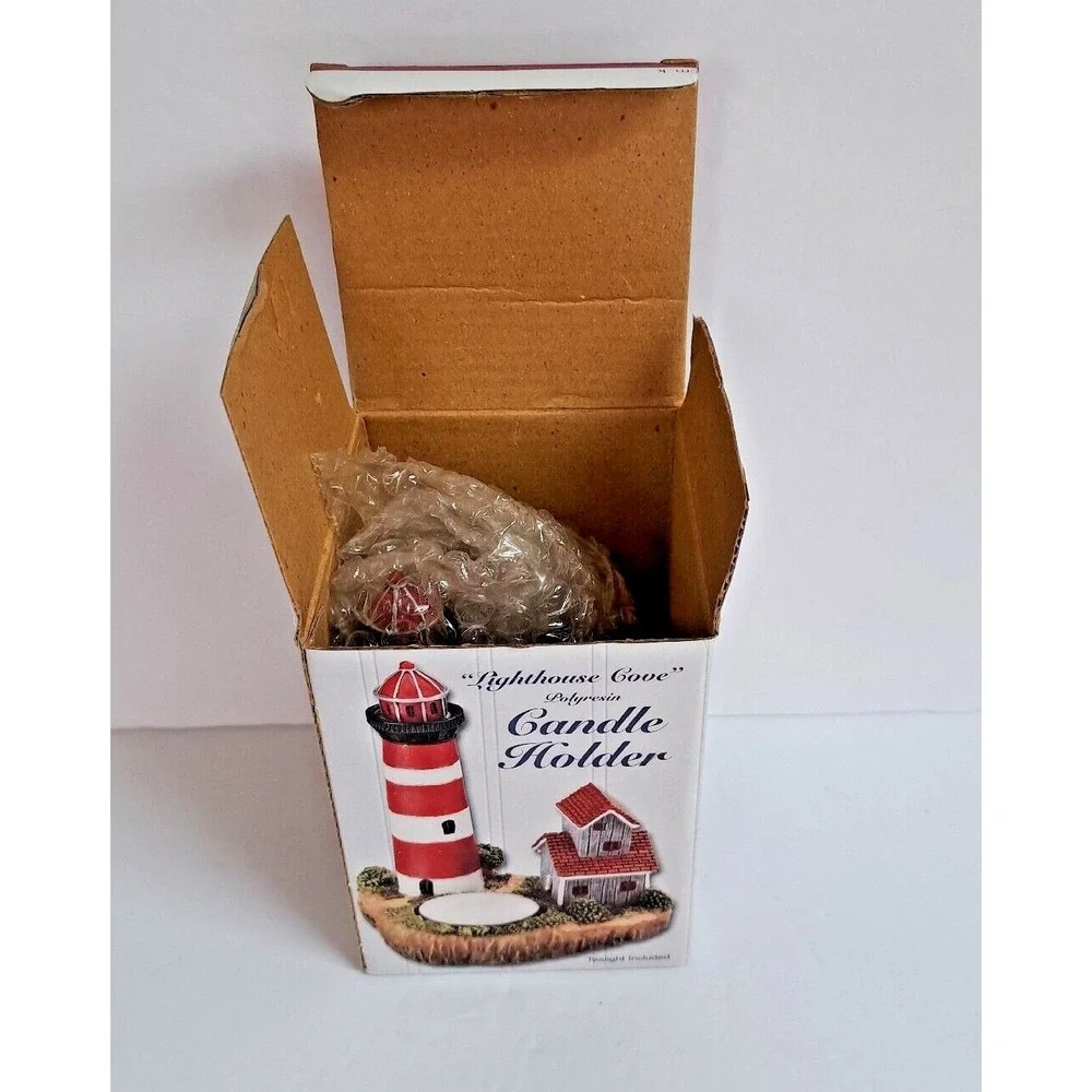 Giftco Lighthouse Cove Polyresin Candle Holder Red White Coastal Decor Tealight